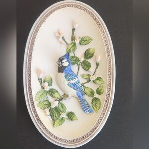 Vintage Blue Jay Bird Plaque Porcelain Oval Wall Decor Nature